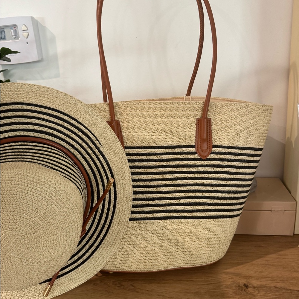 Straw Tote Bag with Black Stripe Detail